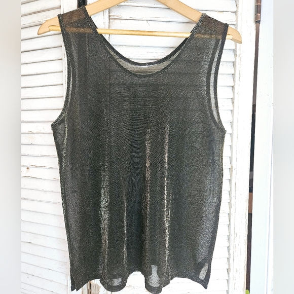 Vintage Tops - Vintage 90s Sheer Black Tank Top With Gold Sparkle Medium